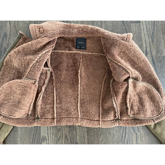 ZARA olive green brown faux suede/sherpa teddy moto jacket Sz. XS - Picture 5 of 9